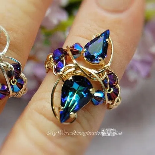 Heliotrope, Vintage Swarovski Crystal Ring, 2 Stone Handmade Ring , 14K GF US Size 6