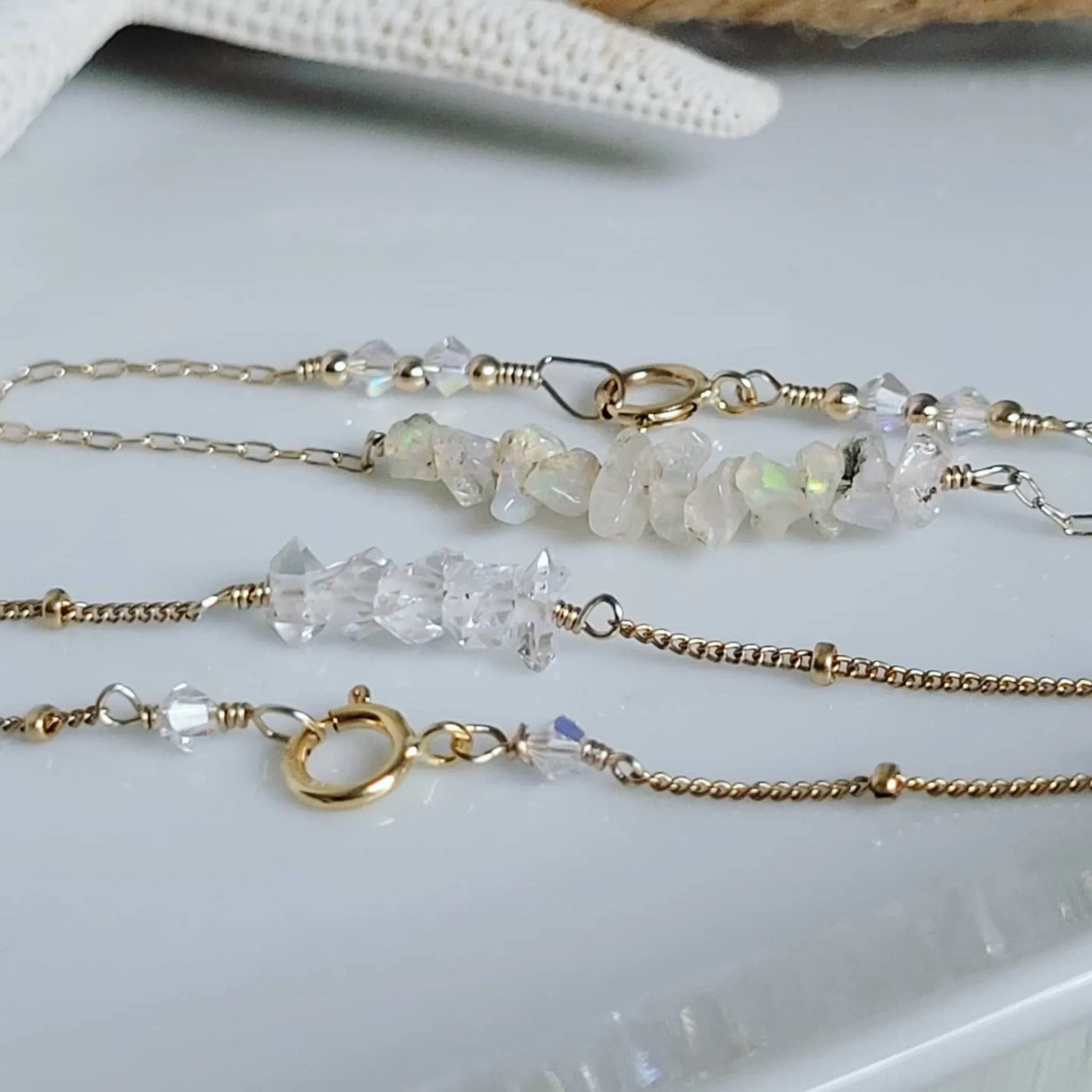 Herkimer Diamond or Raw Opal Chip Dainty Stacking Bracelet - Sterling Silver or Gold