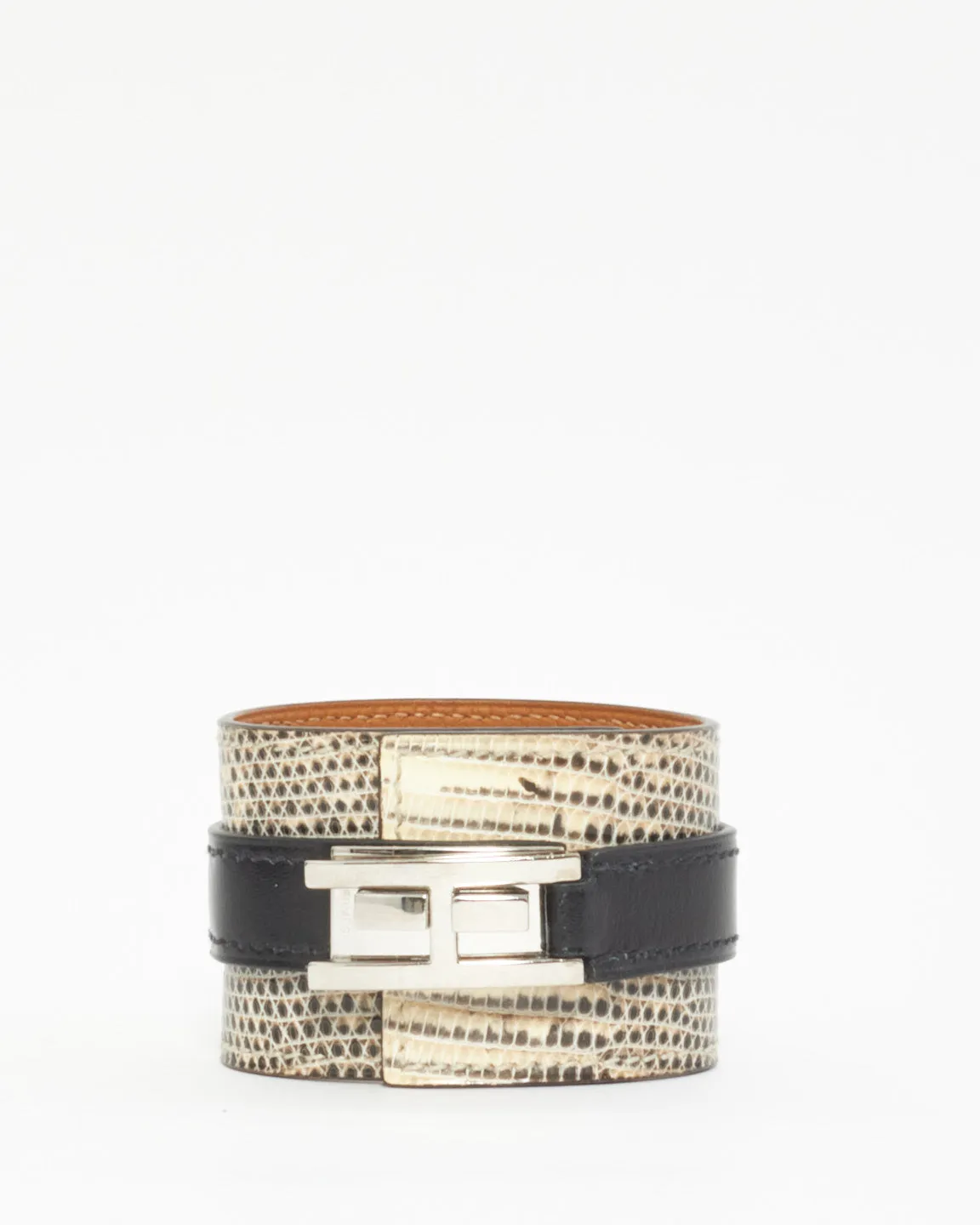 Hermès Black & White Lizard Drag Cuff Bracelet - T2