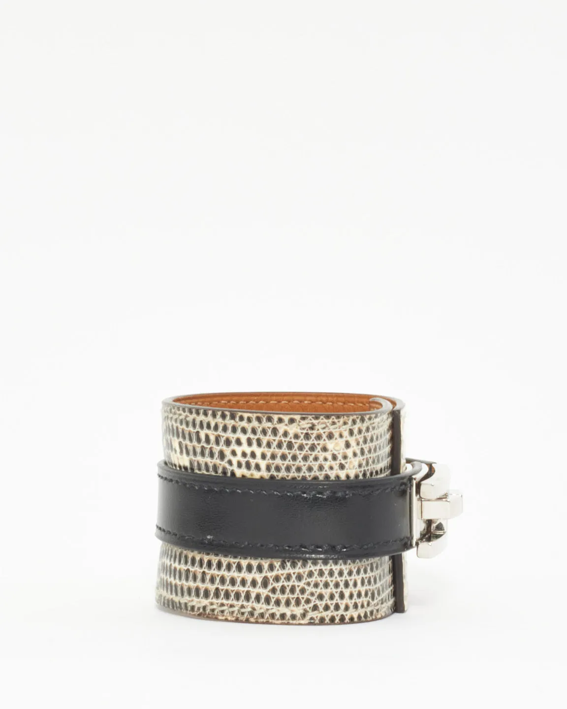 Hermès Black & White Lizard Drag Cuff Bracelet - T2