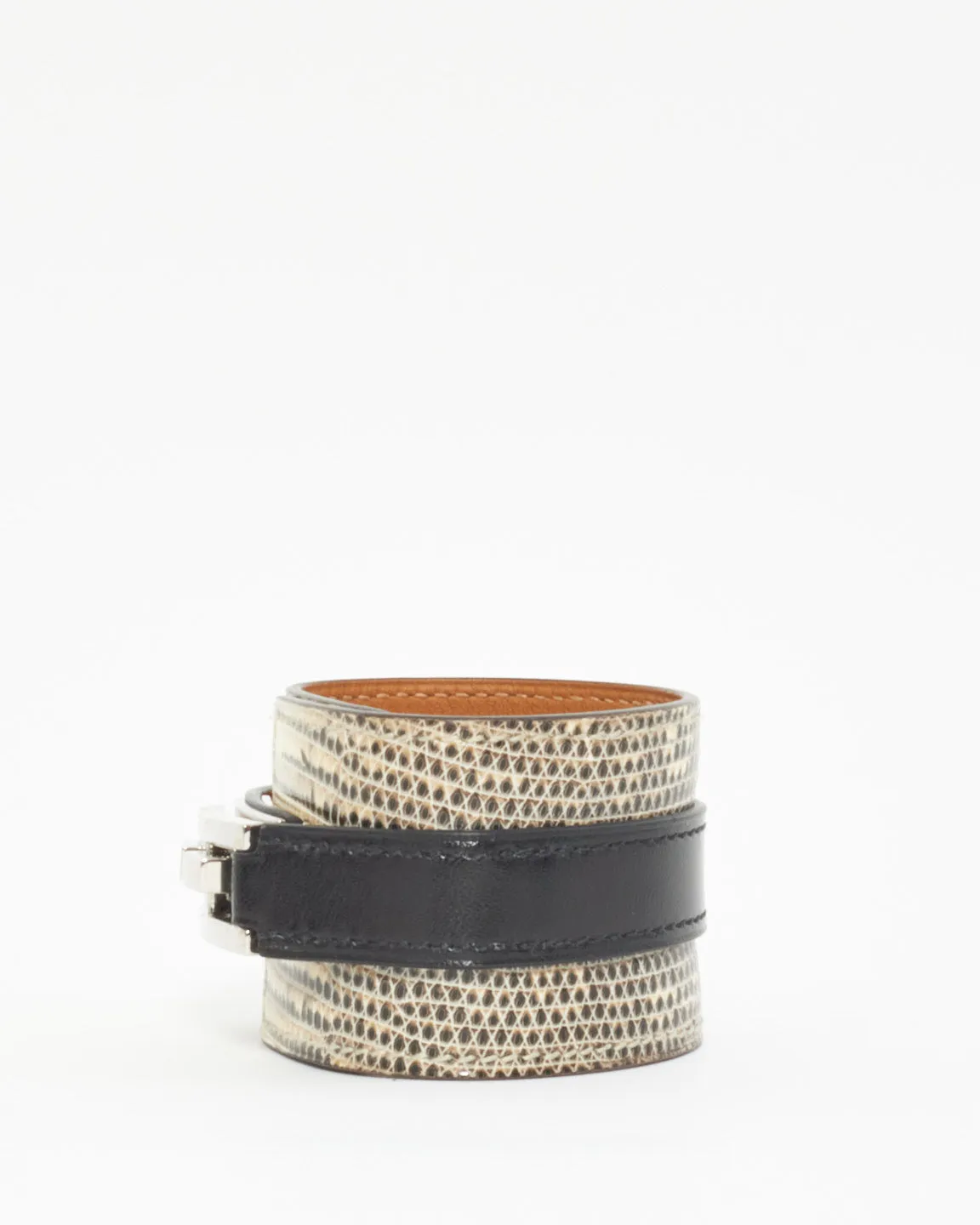 Hermès Black & White Lizard Drag Cuff Bracelet - T2