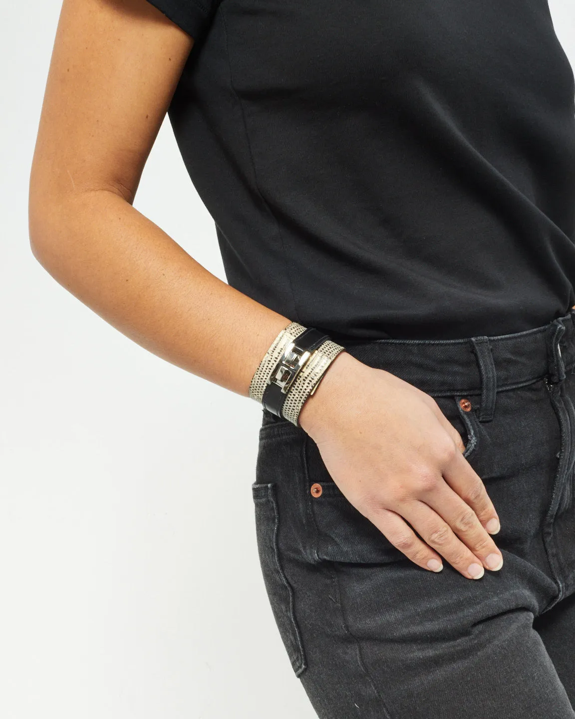 Hermès Black & White Lizard Drag Cuff Bracelet - T2
