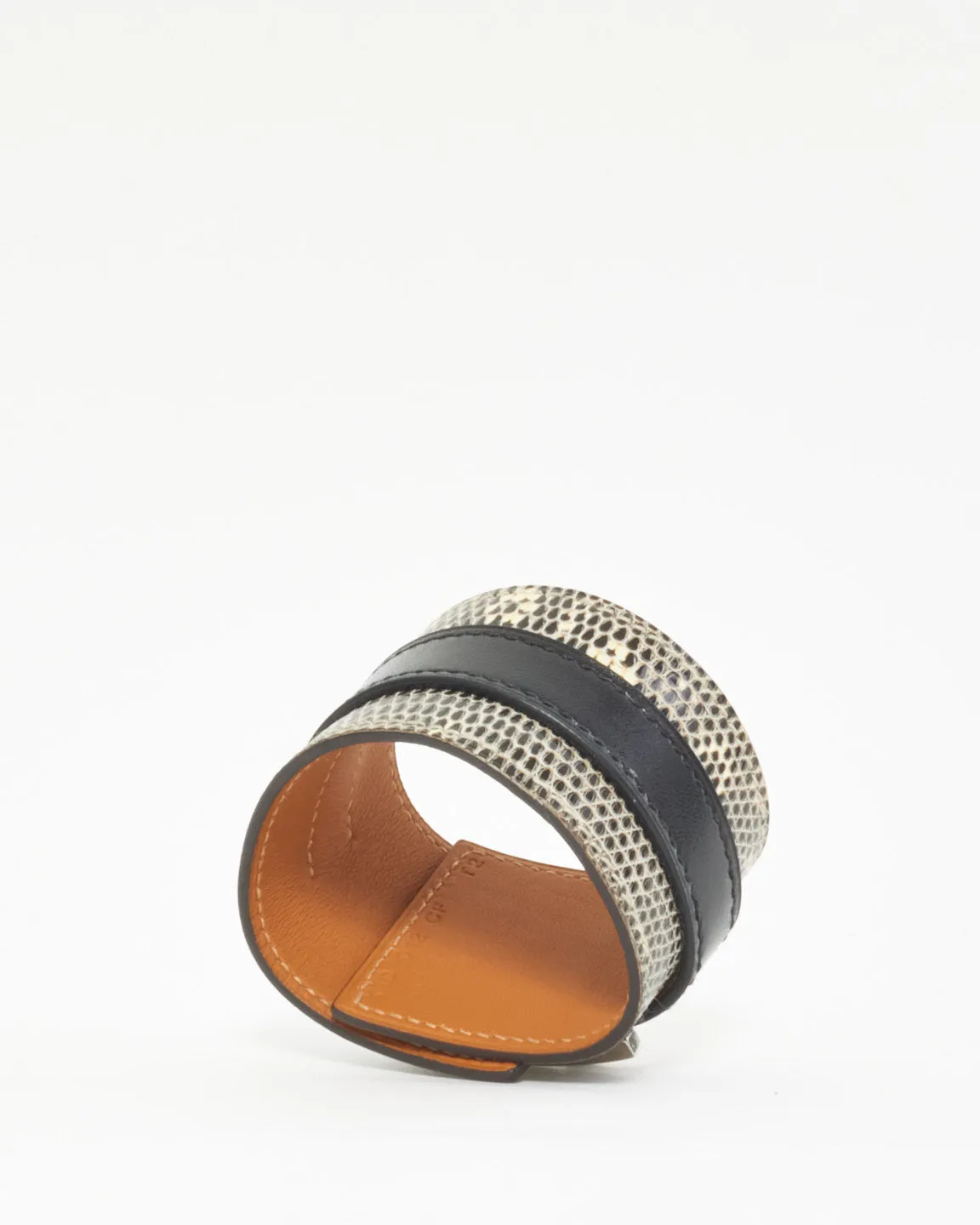 Hermès Black & White Lizard Drag Cuff Bracelet - T2