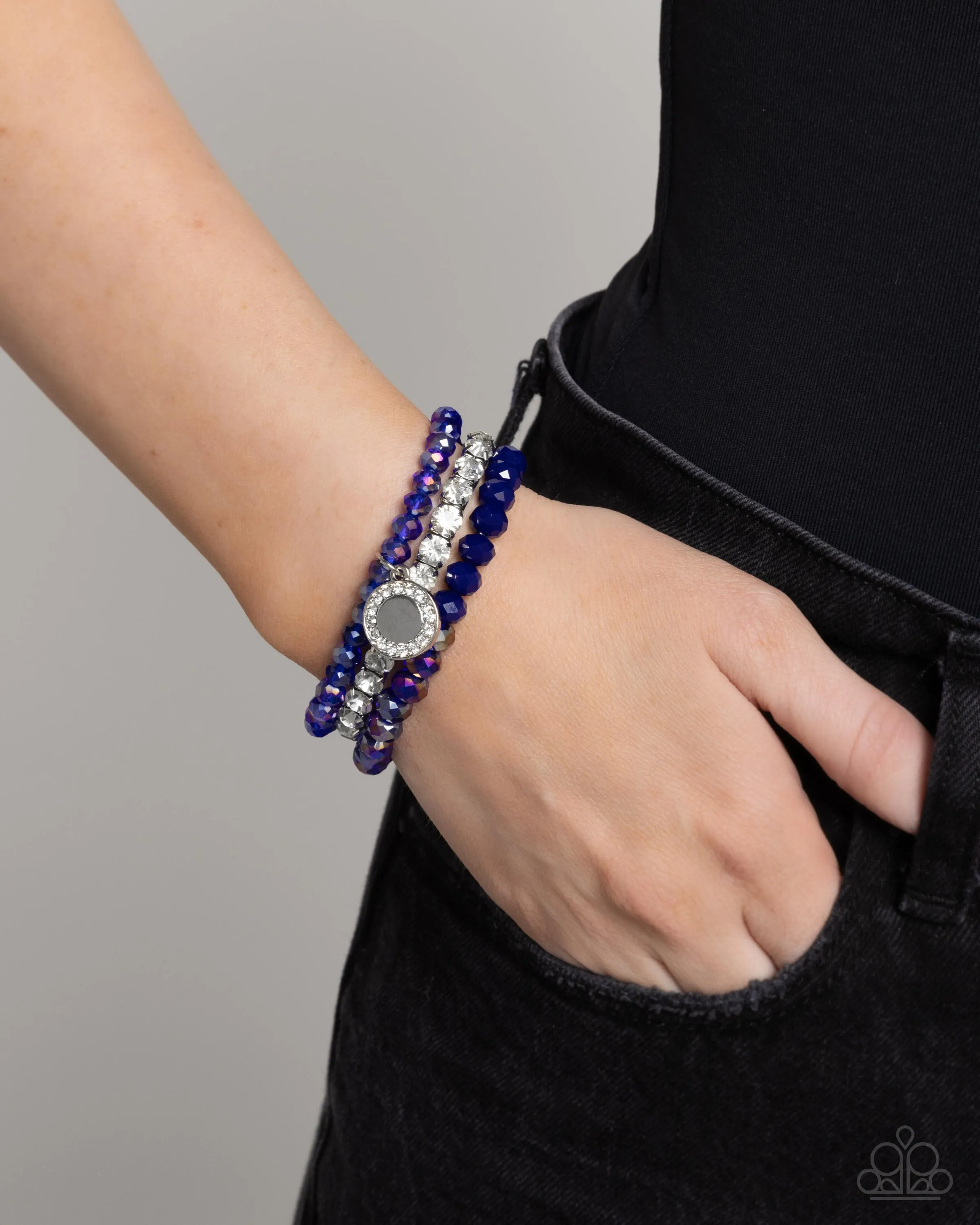 Heroic Haute - Blue - Faceted Bead White Rhinestone Silver Disc Paparazzi Stretchy Bracelet