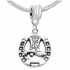 Horse Shoe with Cowboy Boot Dangle European Bead Compatible for Most European Snake Chain Charm Bracelet