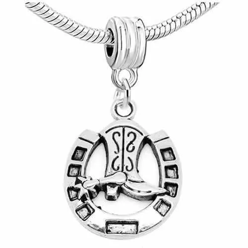 Horse Shoe with Cowboy Boot Dangle European Bead Compatible for Most European Snake Chain Charm Bracelet