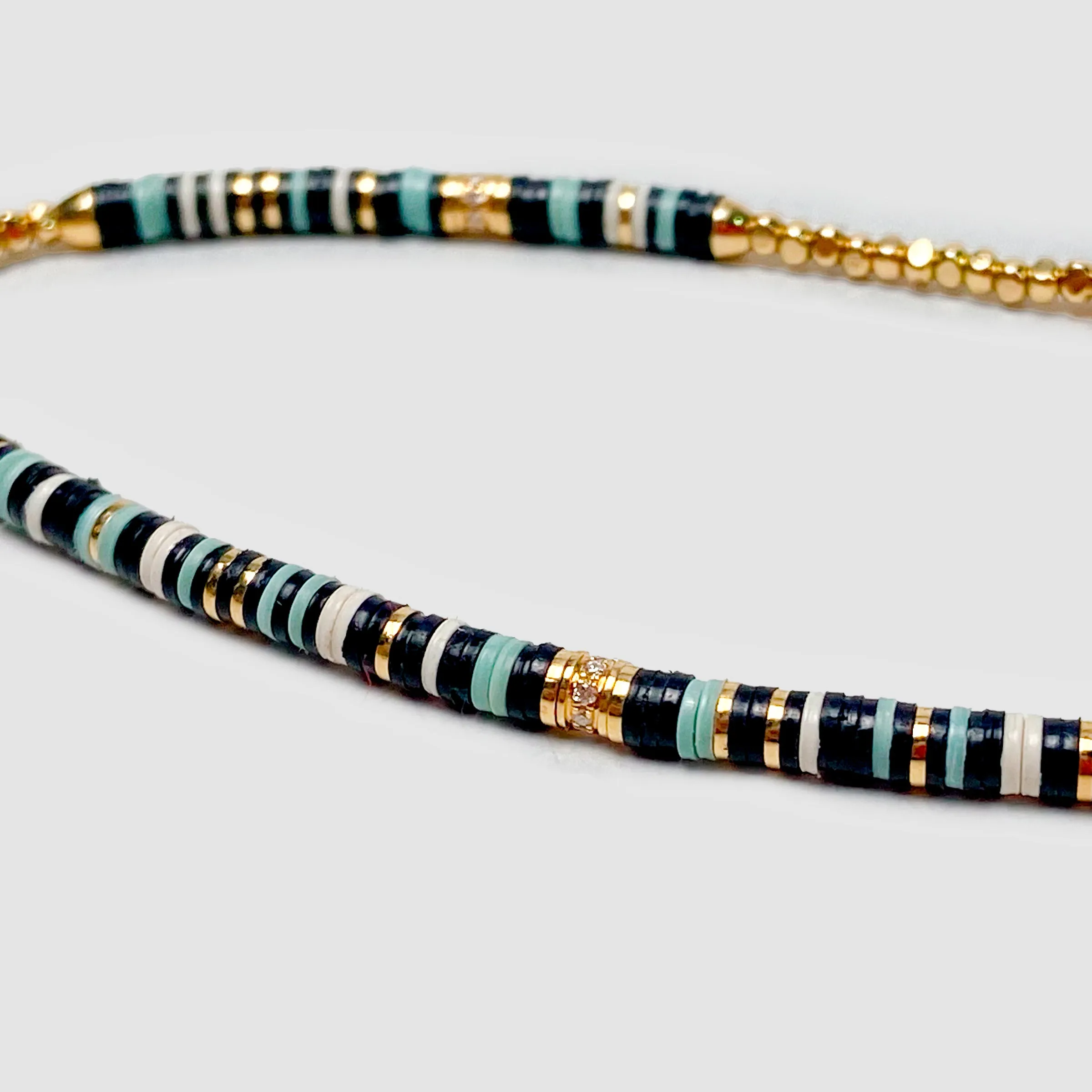 Housa Bracelet in Green Pattern with 18k Yellow Gold Discs and White Diamonds
