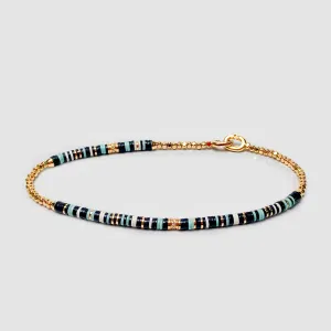 Housa Bracelet in Green Pattern with 18k Yellow Gold Discs and White Diamonds