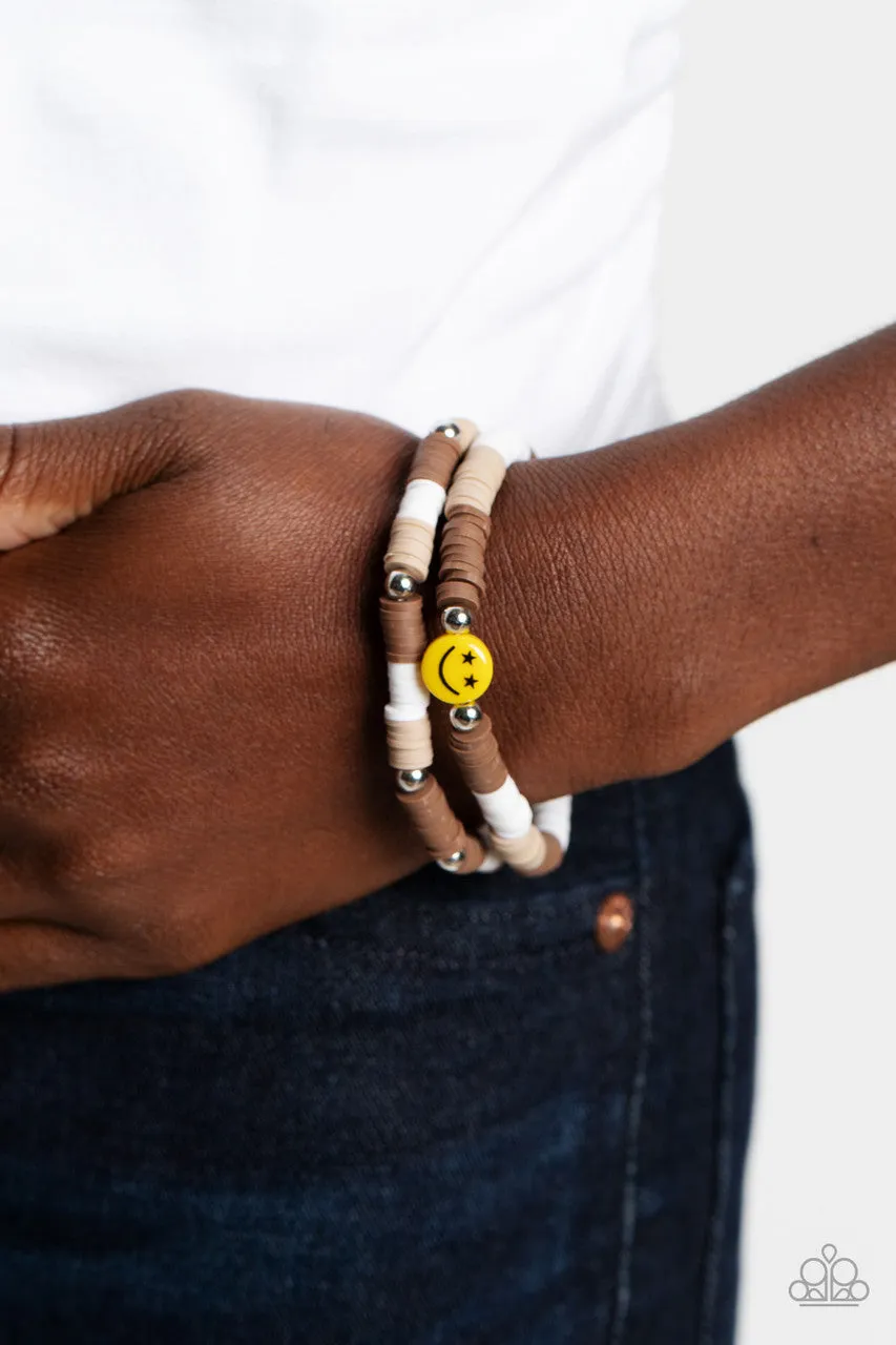 In SMILE - Brown - Rubber Disc Bead Smiley Face Paparazzi Stretchy Bracelet