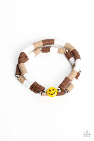 In SMILE - Brown - Rubber Disc Bead Smiley Face Paparazzi Stretchy Bracelet