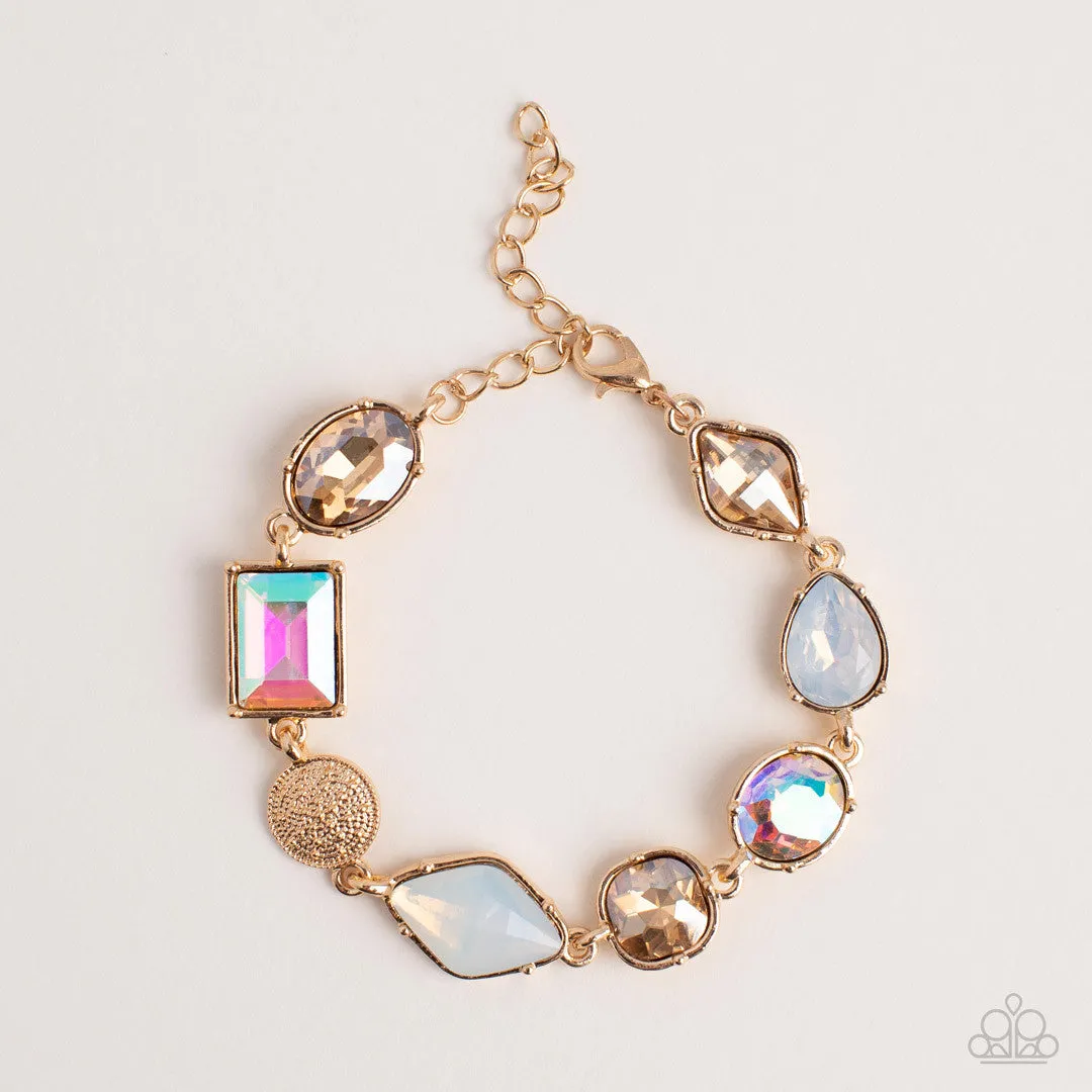 Jewelry Box Bauble - Gold - White Iridescent Rhinestone Paparazzi Lobster Claw Bracelet