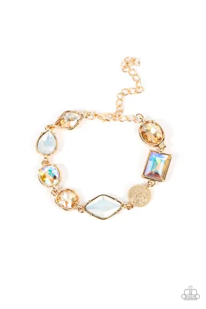 Jewelry Box Bauble - Gold - White Iridescent Rhinestone Paparazzi Lobster Claw Bracelet