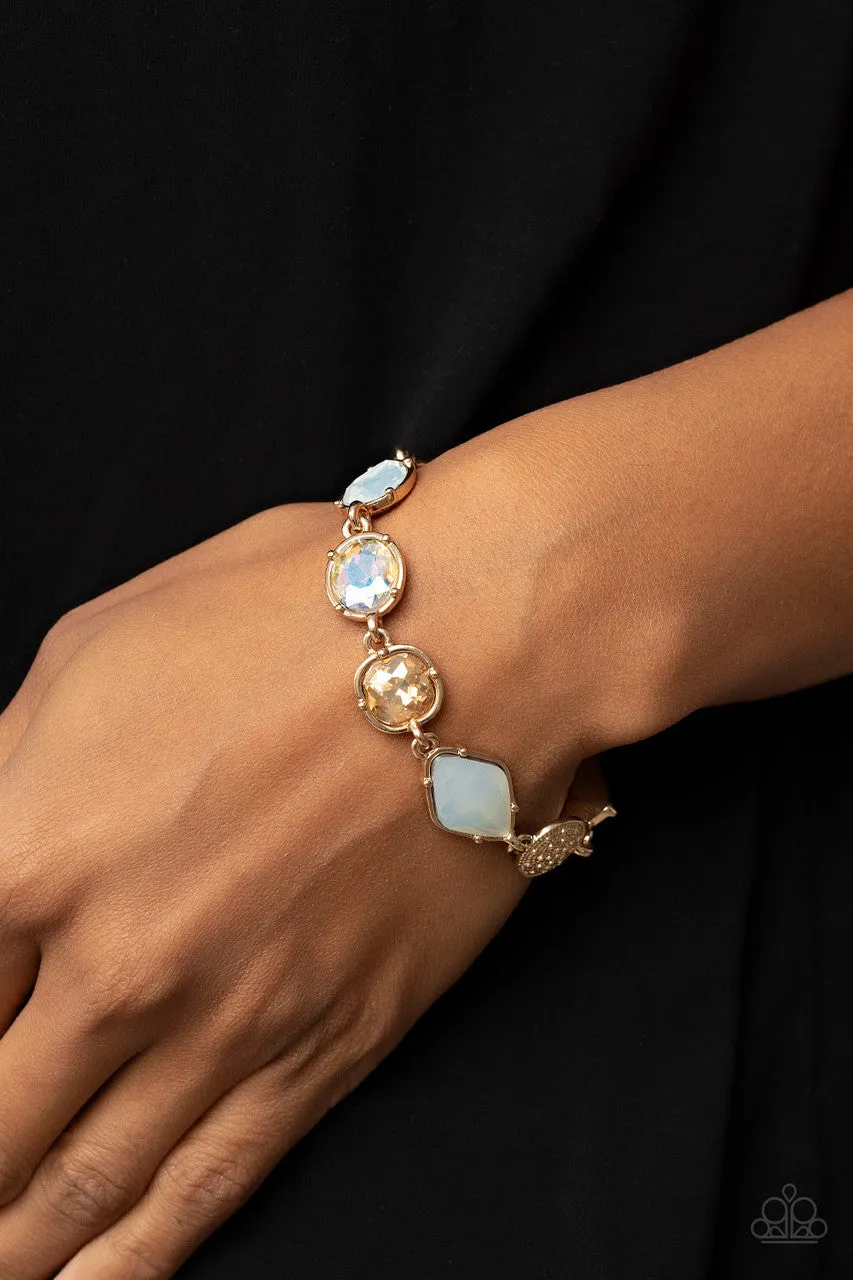 Jewelry Box Bauble - Gold - White Iridescent Rhinestone Paparazzi Lobster Claw Bracelet