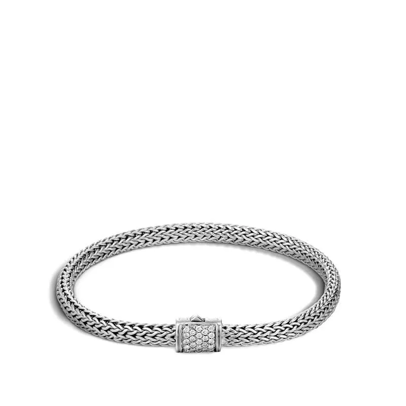 John Hardy Silver and Pave Diamond Narrow Chain Bracelet, Medium