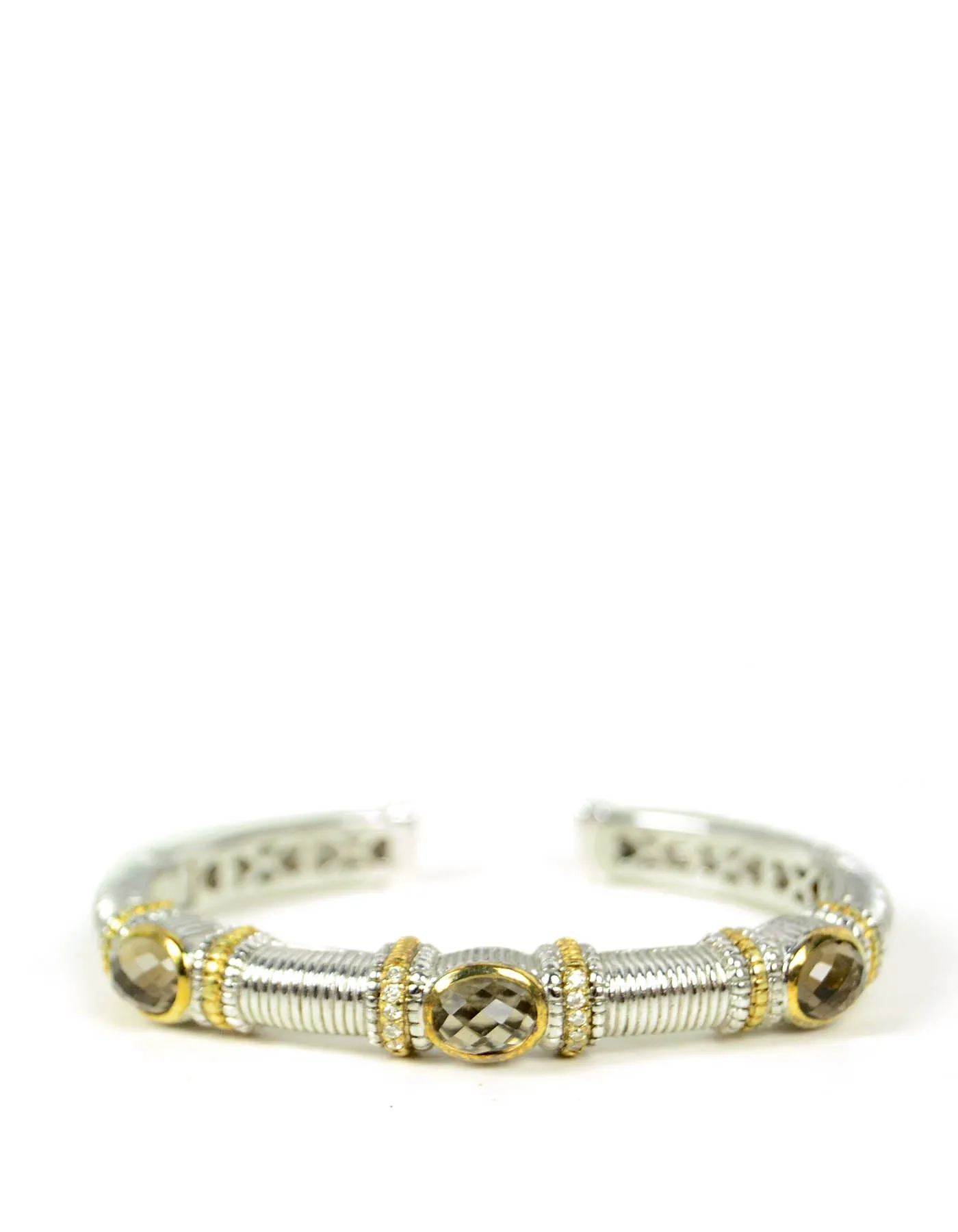 Judith Ripka Sterling & 18K Hinged Bracelet w Smokey Topaz & Diamonds