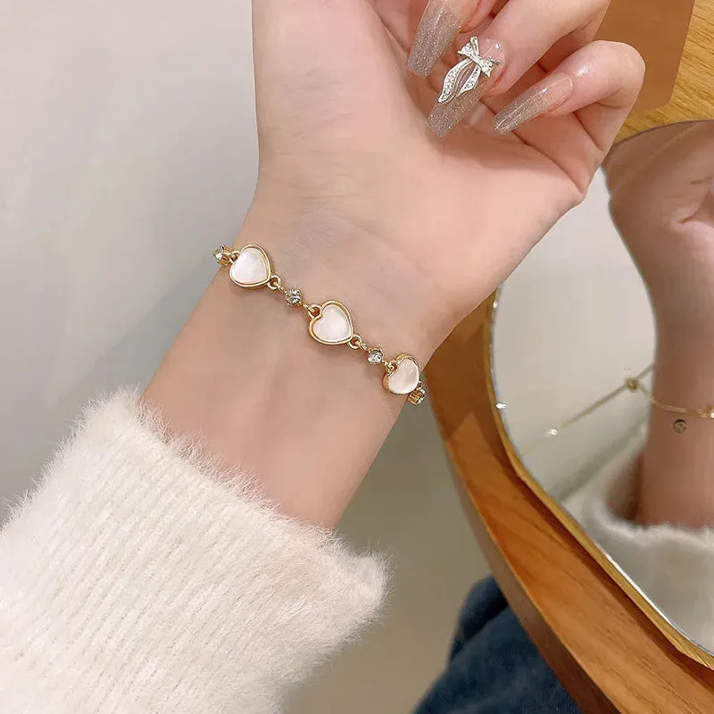 Korean Sweet Heart Opal 18K Gold Plated Stainless Steel Tennis Chain Bracelets For Women 2024 New Fashion Classics Jewelry Gifts
