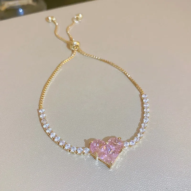 Korean Sweet Heart Opal 18K Gold Plated Stainless Steel Tennis Chain Bracelets For Women 2024 New Fashion Classics Jewelry Gifts