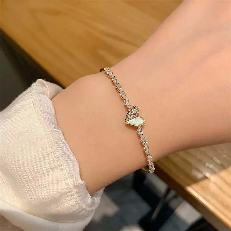 Korean Sweet Heart Opal 18K Gold Plated Stainless Steel Tennis Chain Bracelets For Women 2024 New Fashion Classics Jewelry Gifts