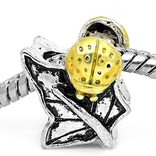 Lady Bug on Leaf Bead Spacer for Snake Chain Charm Bracelet