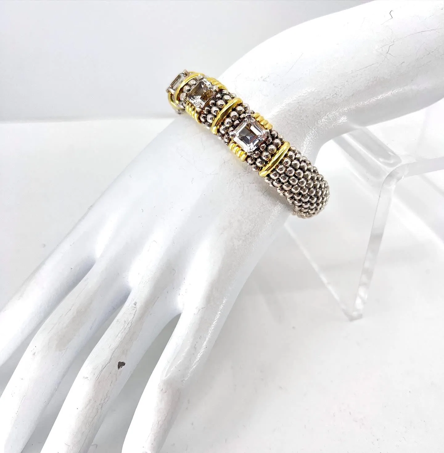 LAGOS STERLING SILVER 18K GOLD WHITE TOPAZ CAVIAR BRACELET