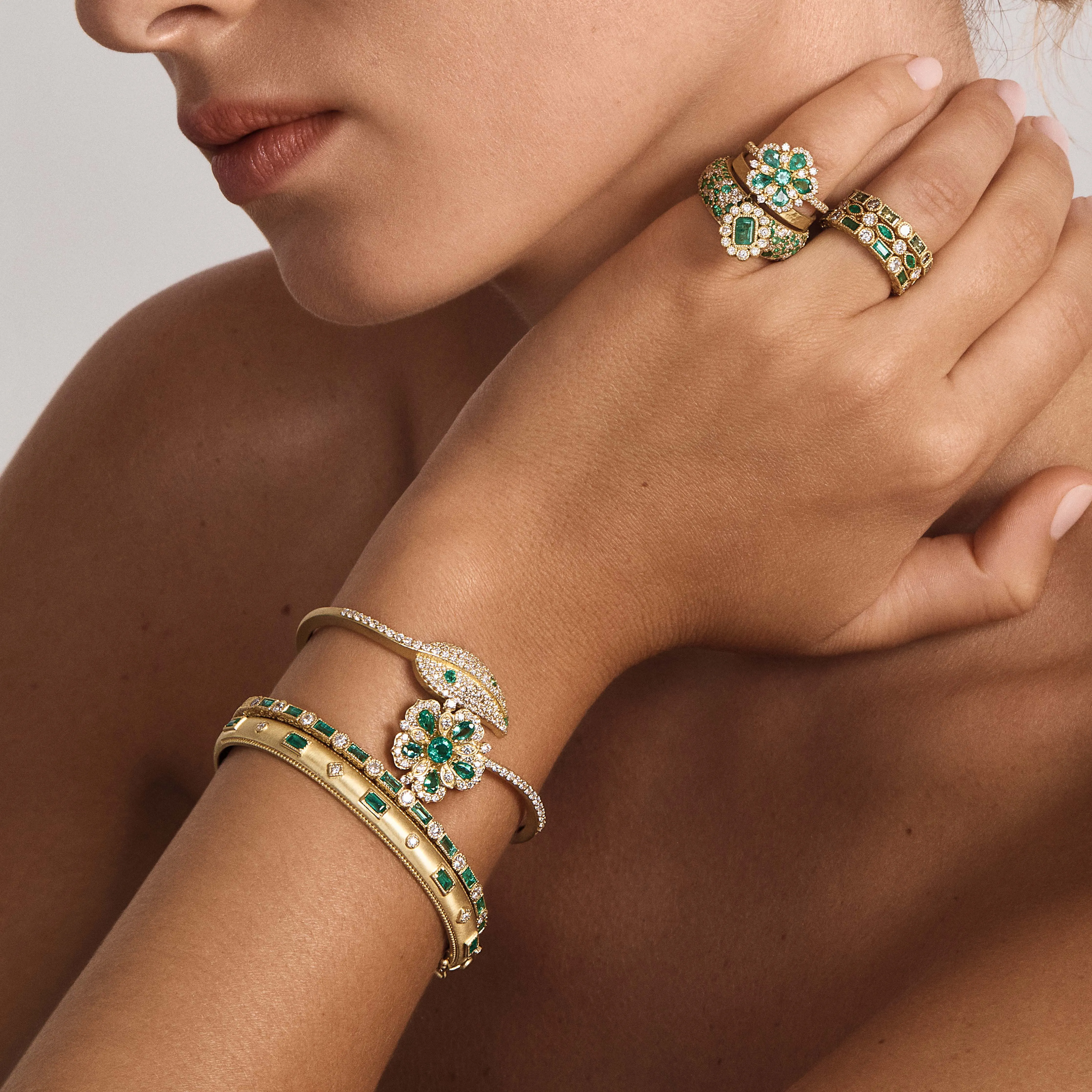 Large Jasmine Bloom Bypass Leaf Bangle with Ceylon sapphires & Diamonds