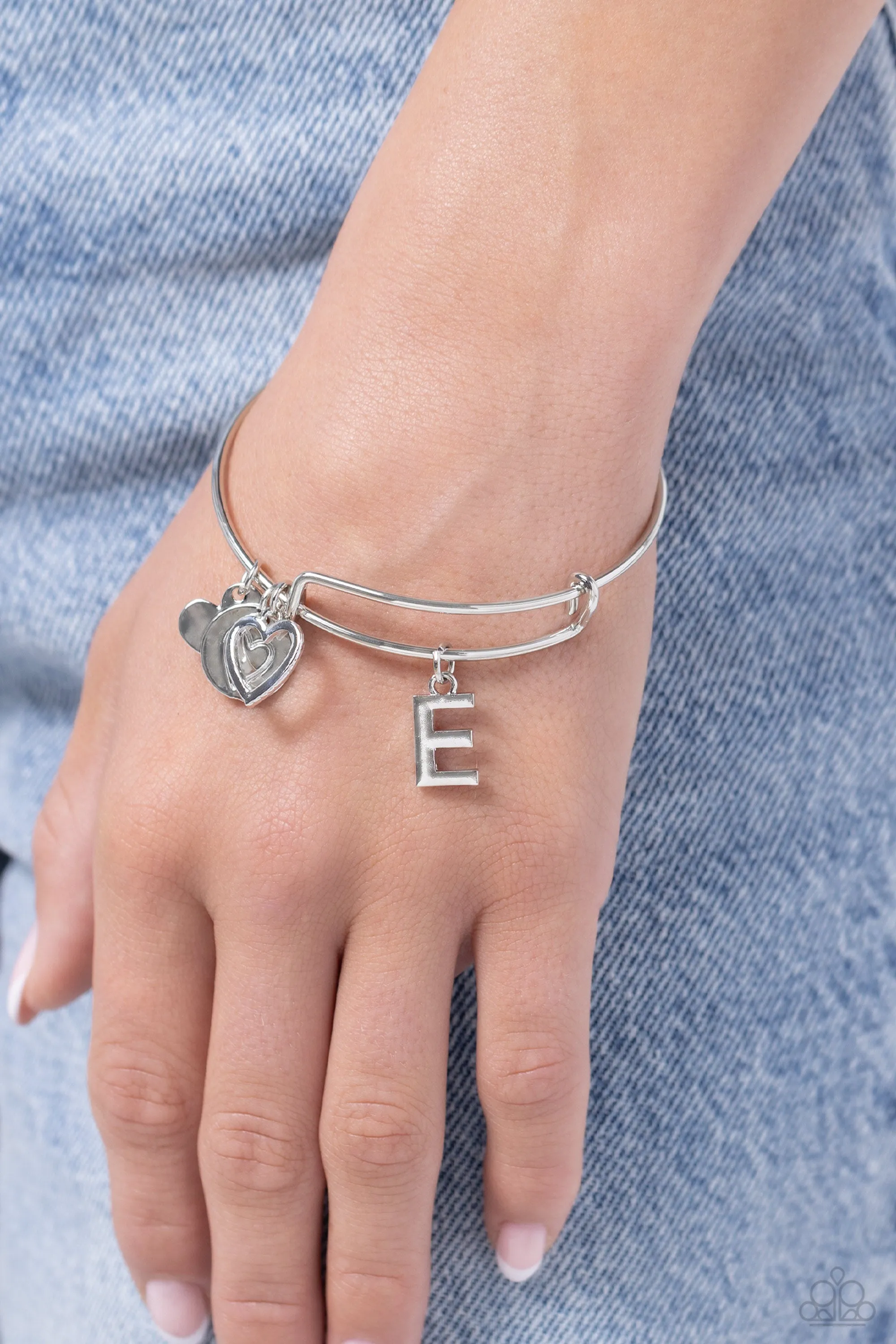 Making It INITIAL - Silver - E - Heart and Letter Charm Paparazzi Bangle Bracelet