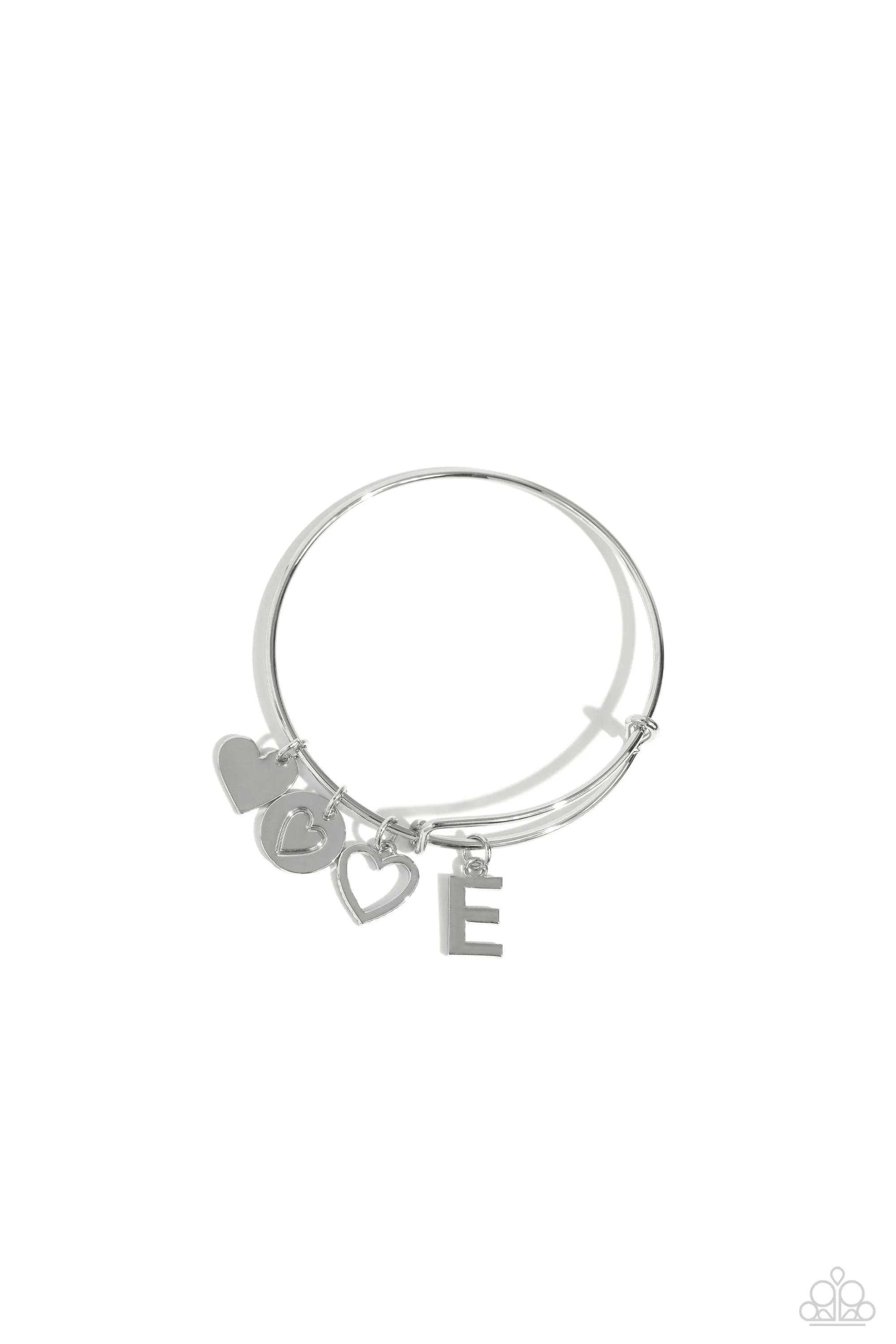 Making It INITIAL - Silver - E - Heart and Letter Charm Paparazzi Bangle Bracelet