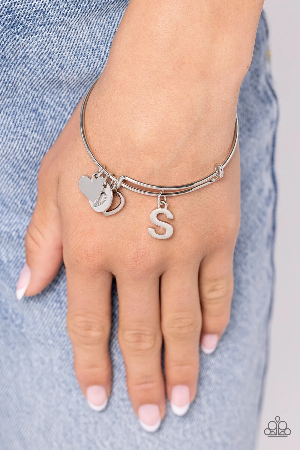 Making It INITIAL - Silver - S - Heart and Letter Charm Paparazzi Bangle Bracelet
