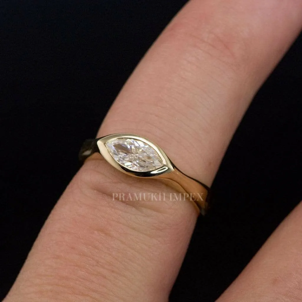 Marquise Cut Moissanite Engagement Ring Yellow Gold Bezel Solitaire Diamond wedding Ring