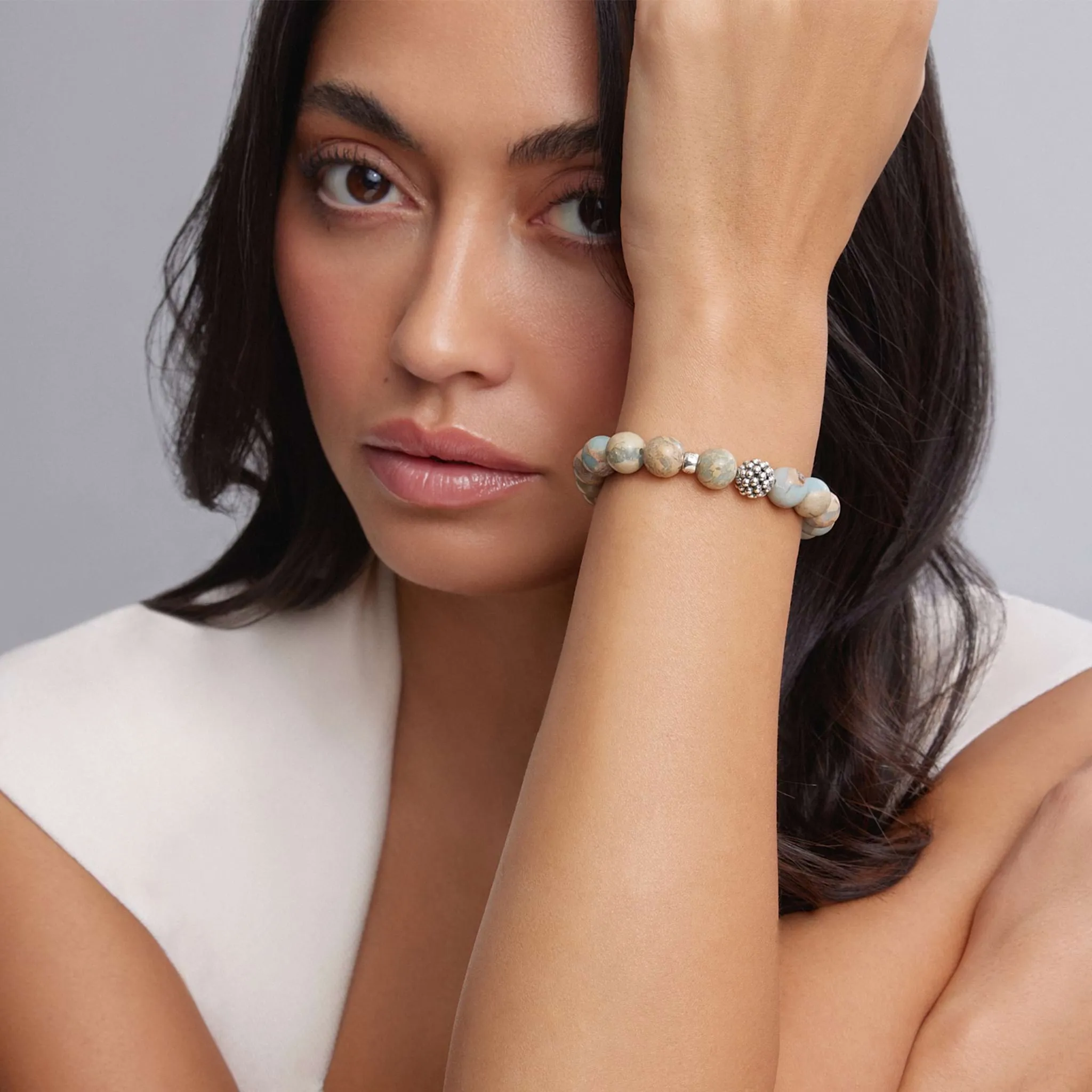 Maya Aqua Tera Jasper Silver Station Bead Bracelet