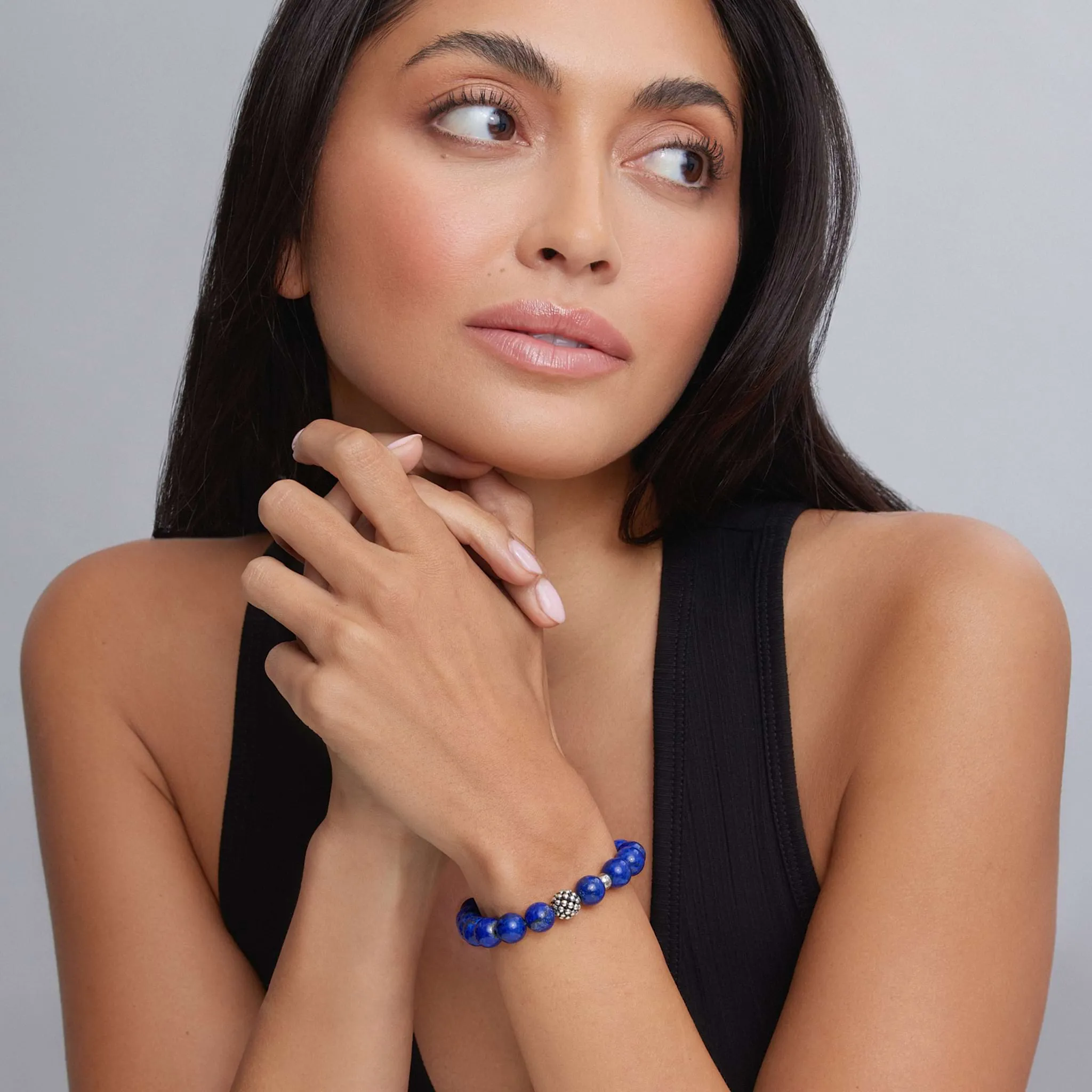 Maya Lapis Silver Station Bead Bracelet