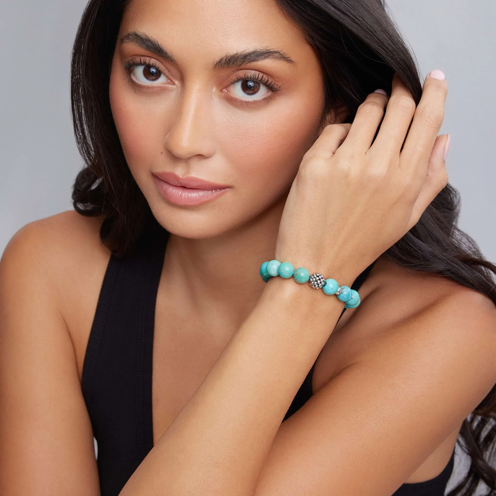 Maya Turquoise Silver Station Bead Bracelet