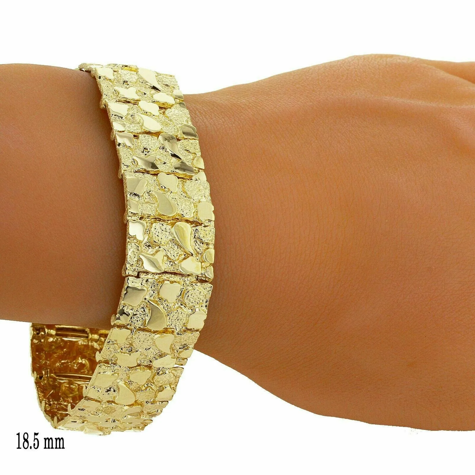Men's 10k Yellow Gold Solid Nugget Bracelet 7"- 7.5" 18.5mm 43.8 grams