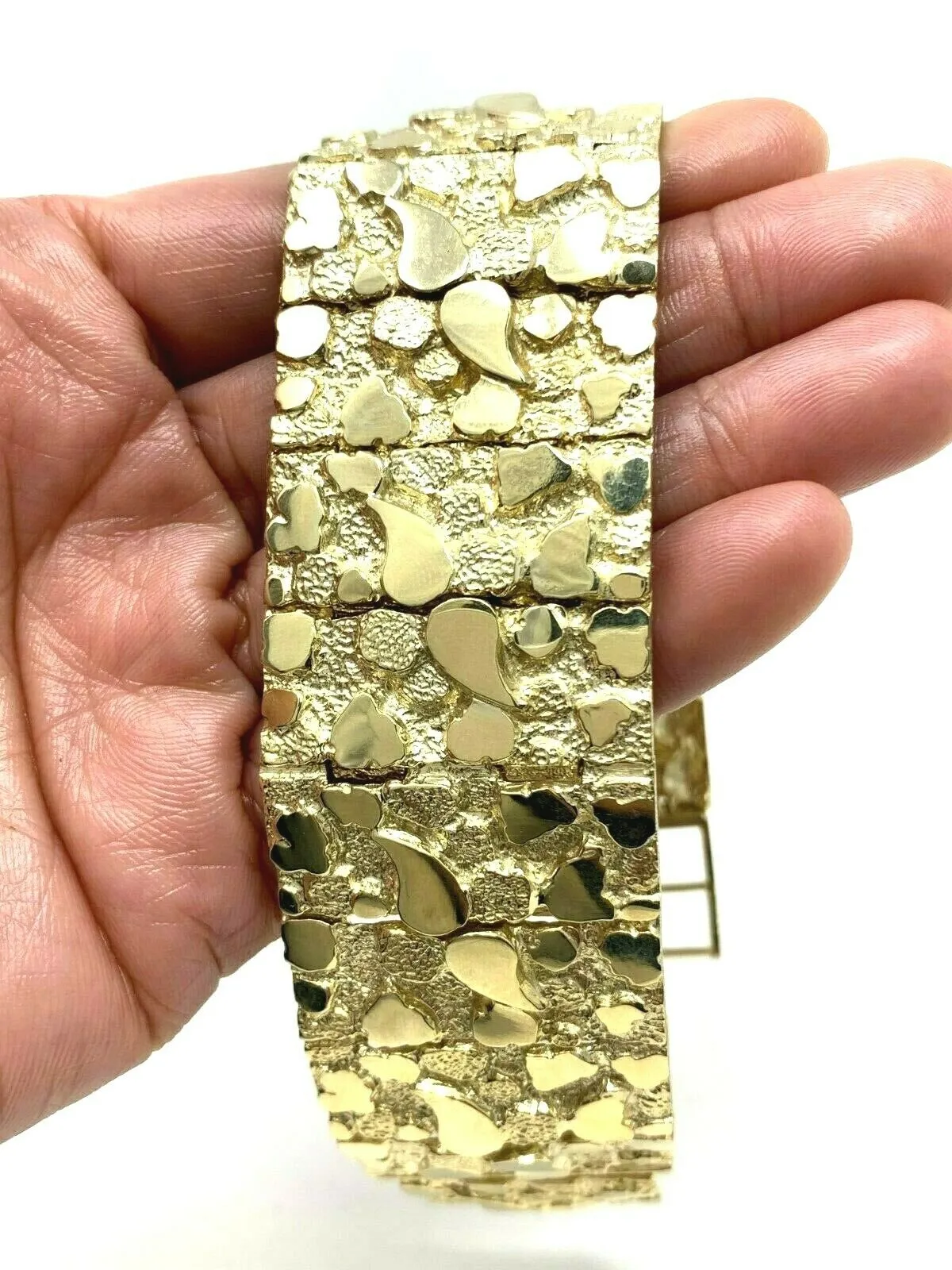 Men's 10k Yellow Gold Solid Nugget Bracelet Link 7-7.5" 31mm 81 grams