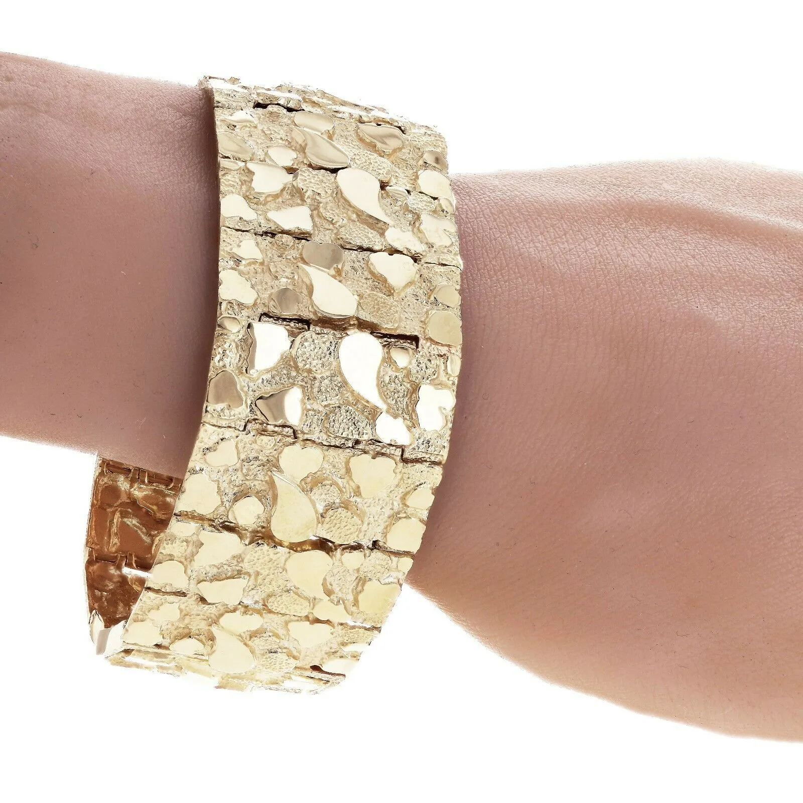 Men's 10k Yellow Gold Solid Nugget Bracelet Link 7-7.5" 31mm 81 grams