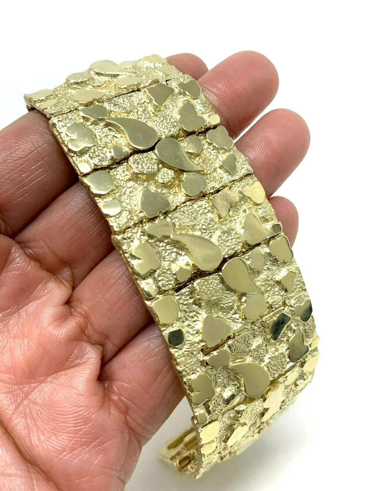 Men's 10k Yellow Gold Solid Nugget Bracelet Link 7-7.5" 31mm 81 grams