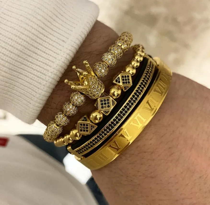Mens 4 Piece CZ Jewelry Set- Roman numerals - 3 Color Options