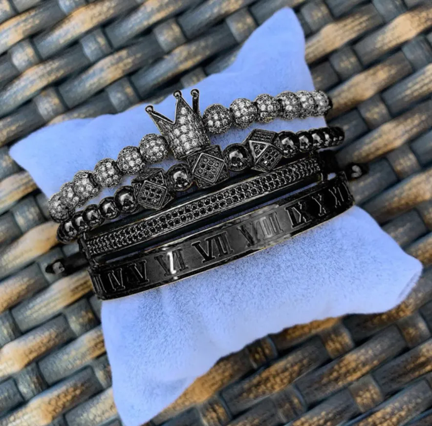 Mens 4 Piece CZ Jewelry Set- Roman numerals - 3 Color Options