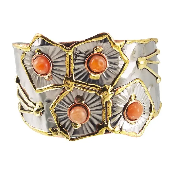 Metal Cuff Bracelet with Orange Stones