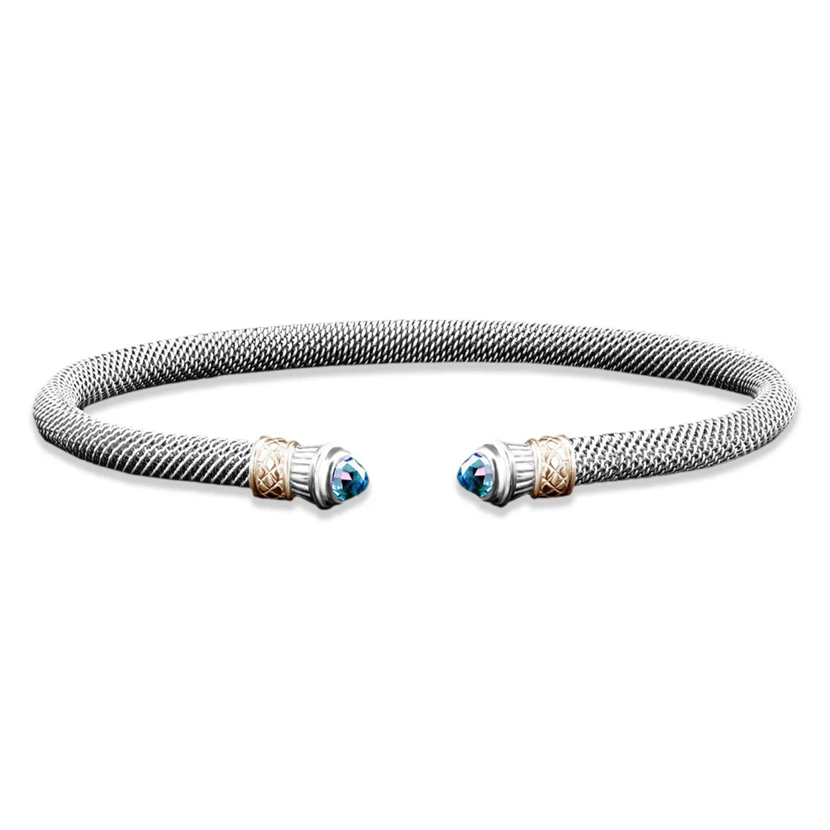 Milanese Mesh Elegante Cuff Bracelet with Round Cabochon Swiss Blue Topaz End Caps in Sterling Silver and Yellow Gold