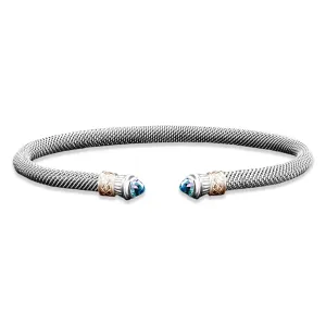 Milanese Mesh Elegante Cuff Bracelet with Round Cabochon Swiss Blue Topaz End Caps in Sterling Silver and Yellow Gold