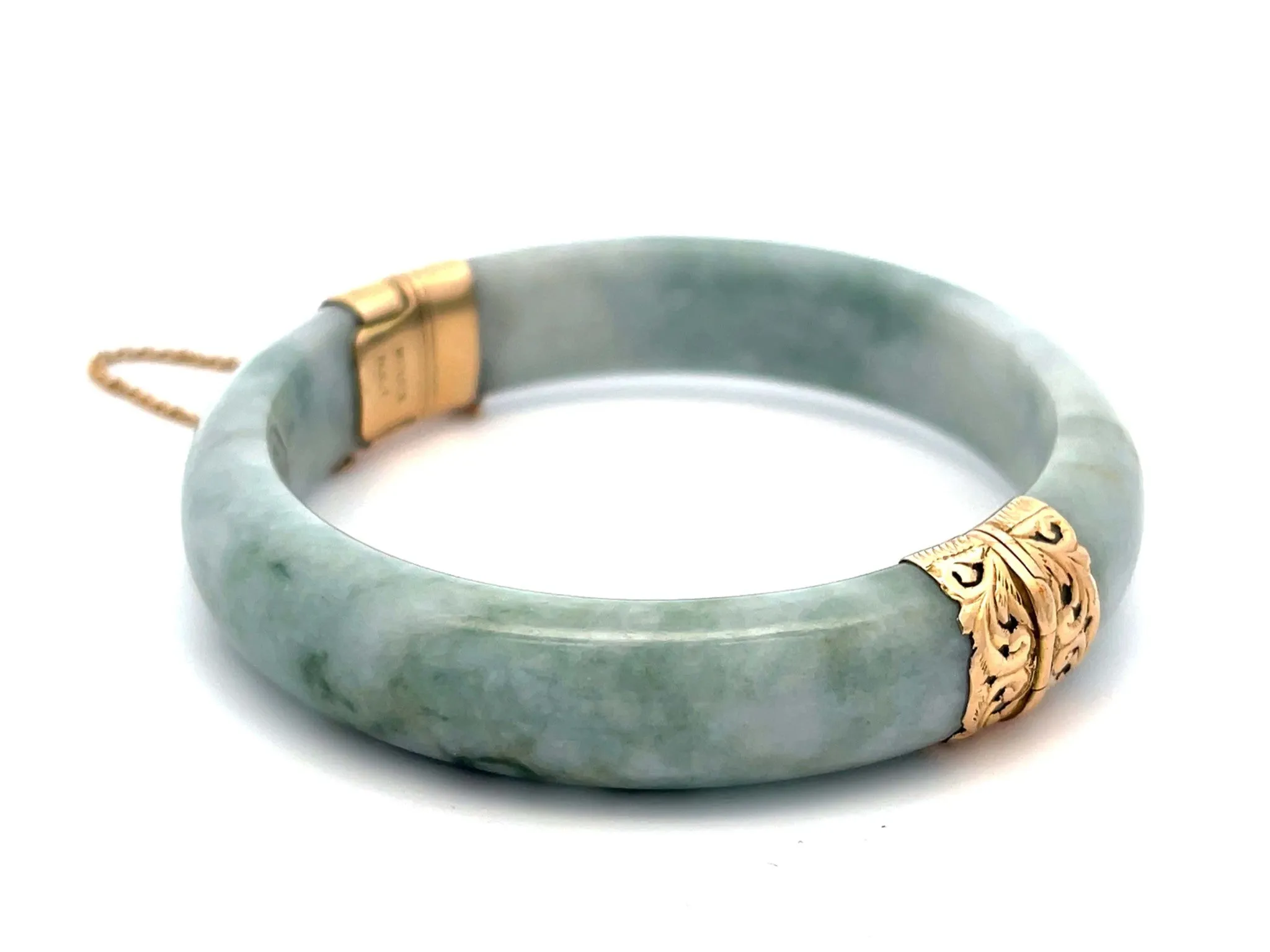 Mings Hawaii Green Jade Hinged Bangle 14K Yellow Gold