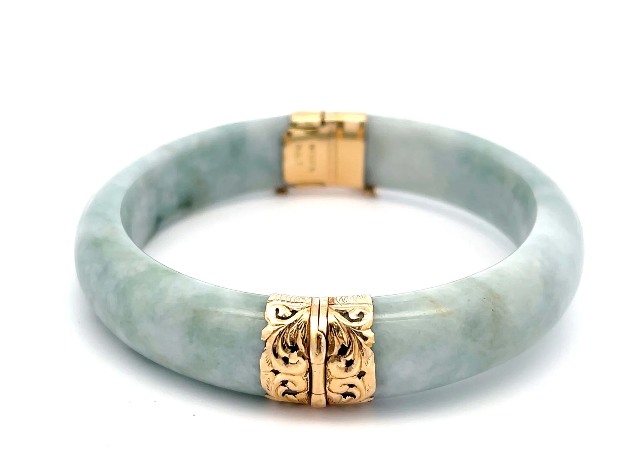 Mings Hawaii Green Jade Hinged Bangle 14K Yellow Gold