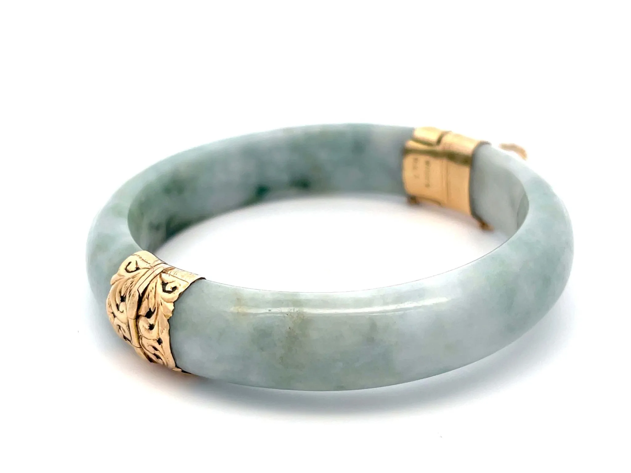 Mings Hawaii Green Jade Hinged Bangle 14K Yellow Gold