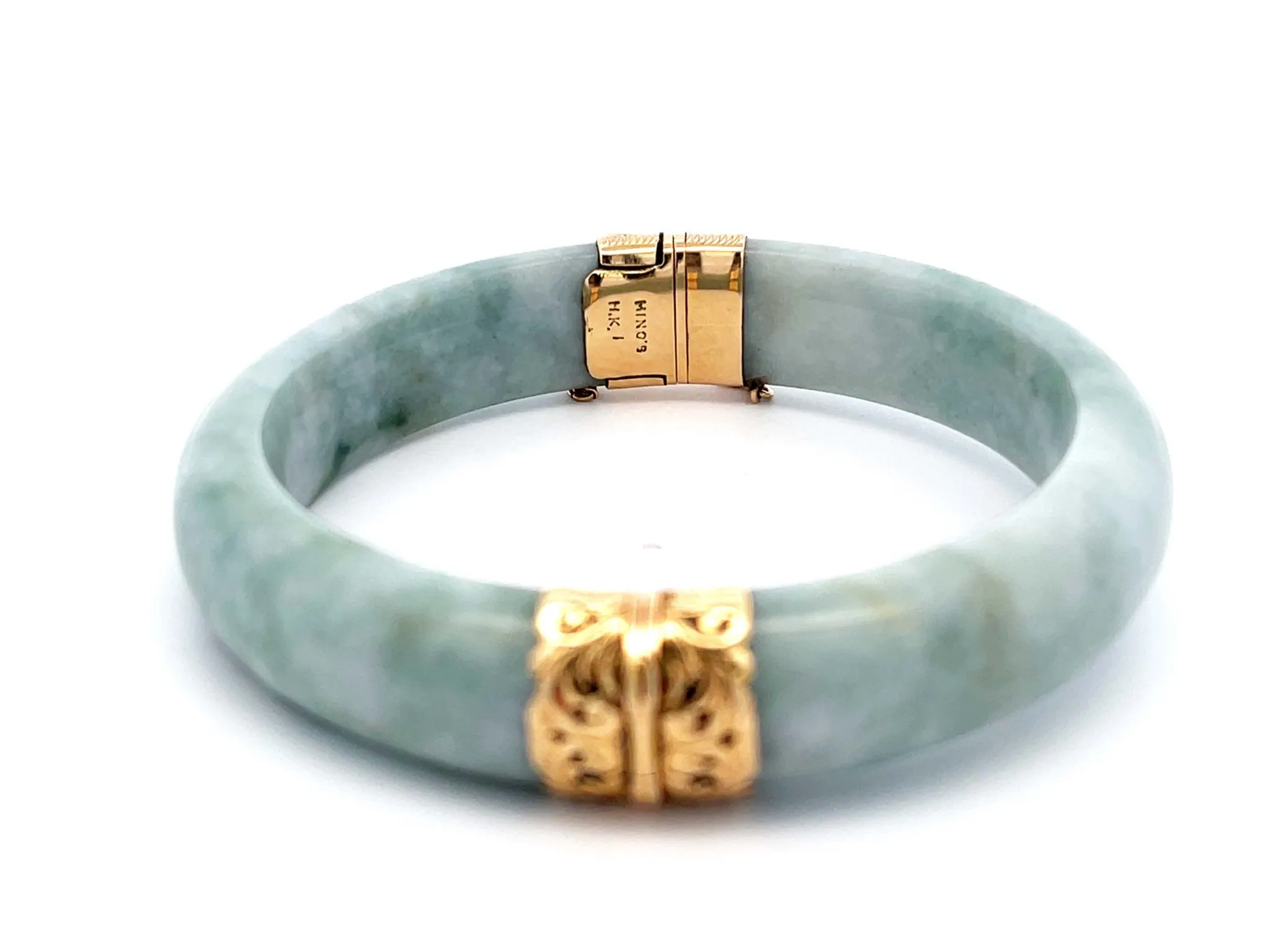 Mings Hawaii Green Jade Hinged Bangle 14K Yellow Gold