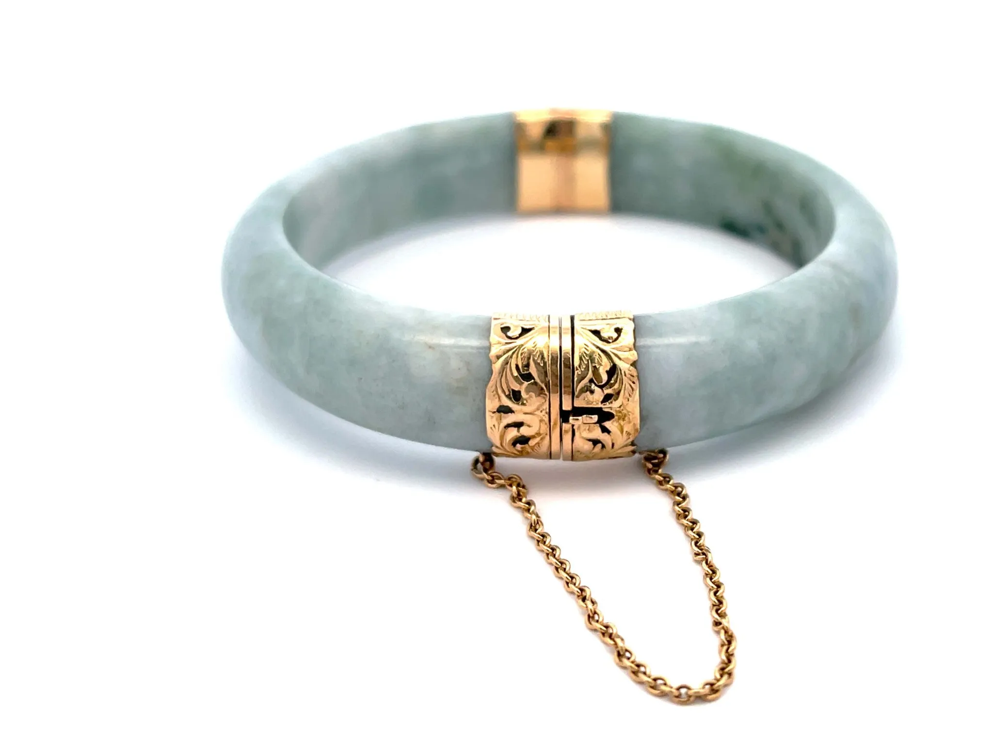 Mings Hawaii Green Jade Hinged Bangle 14K Yellow Gold