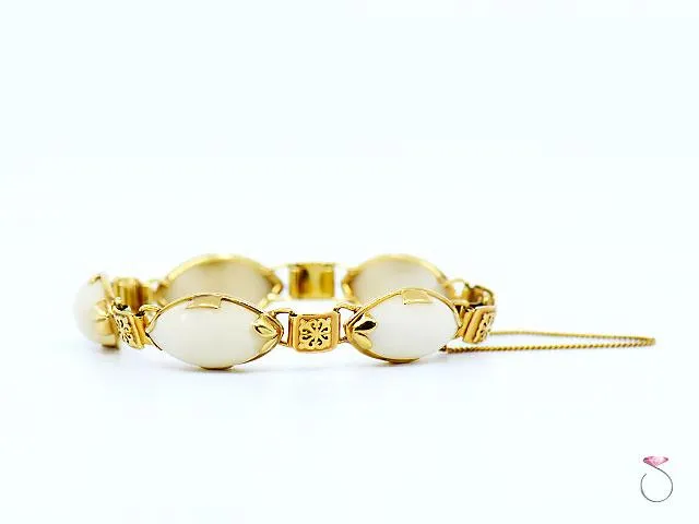 Ming's Hawaii White Jade & Hawaiian Quilt Design 14K Yellow Gold Bracelet
