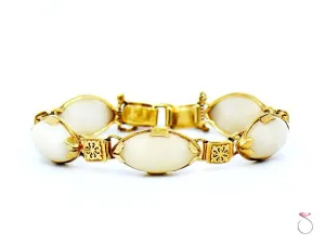 Ming's Hawaii White Jade & Hawaiian Quilt Design 14K Yellow Gold Bracelet