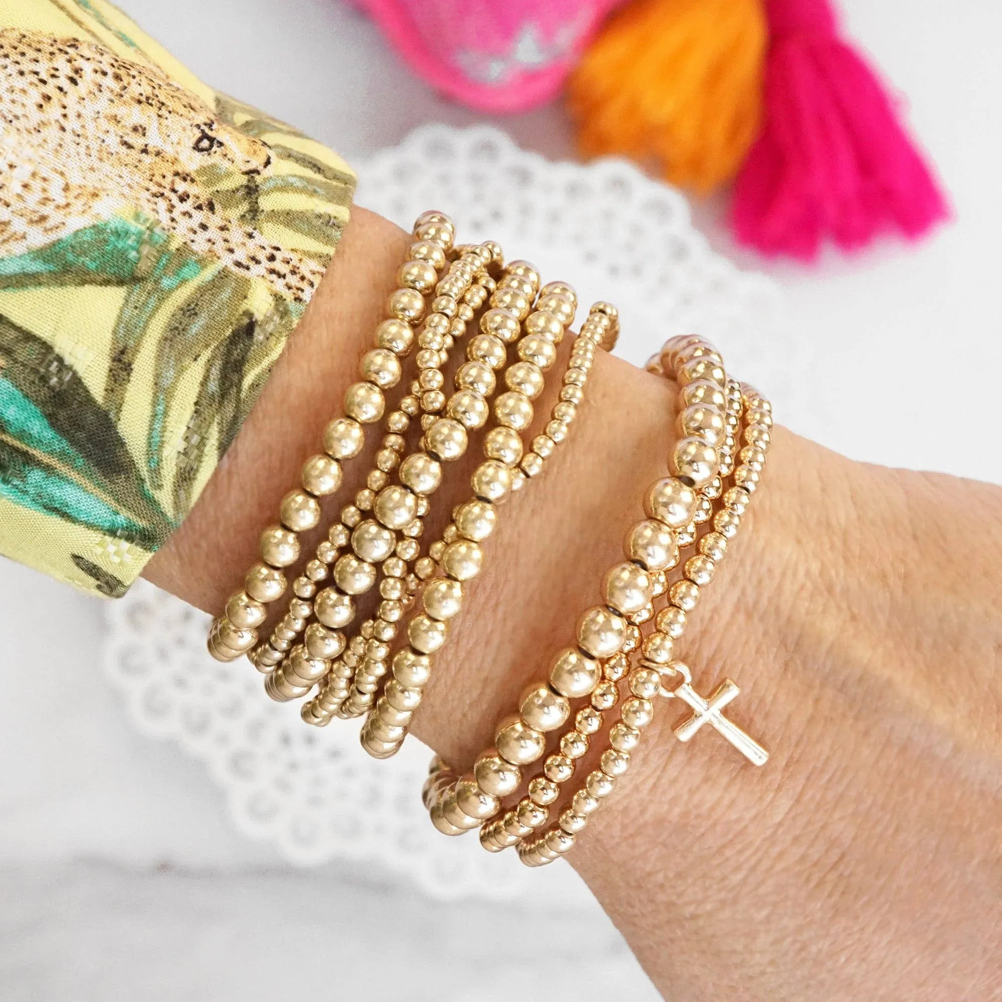 Mini Cross Charm Stretchy Bracelet Set in Worn Gold