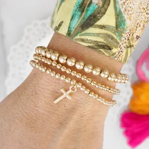 Mini Cross Charm Stretchy Bracelet Set in Worn Gold
